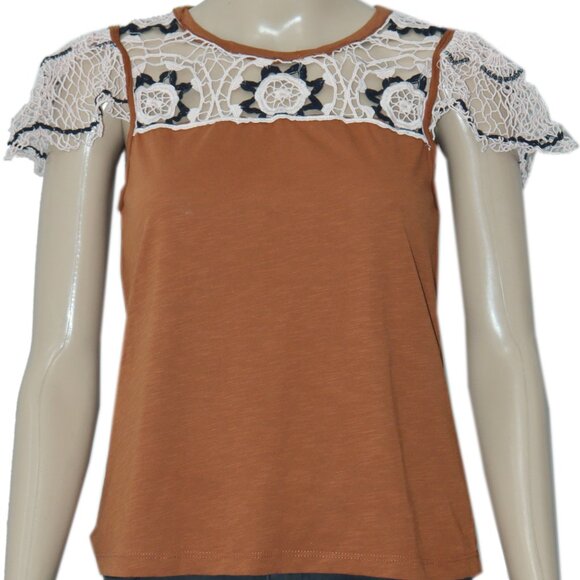 By Anthropologie Flutter Sleeve Top Crochet Embroidered Cedar S - Picture 5 of 7
